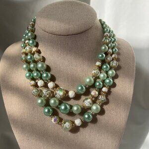 Vintage MCM Japan Mint Green Faux Pearl Multilayer Costume Estate Necklace